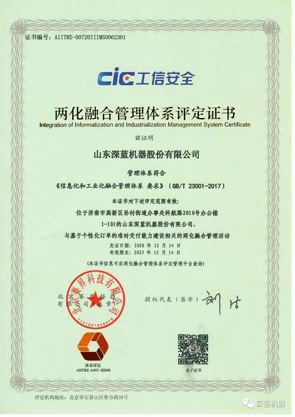 平博pinnacle体育机器取得两化融合管理体系评定证书